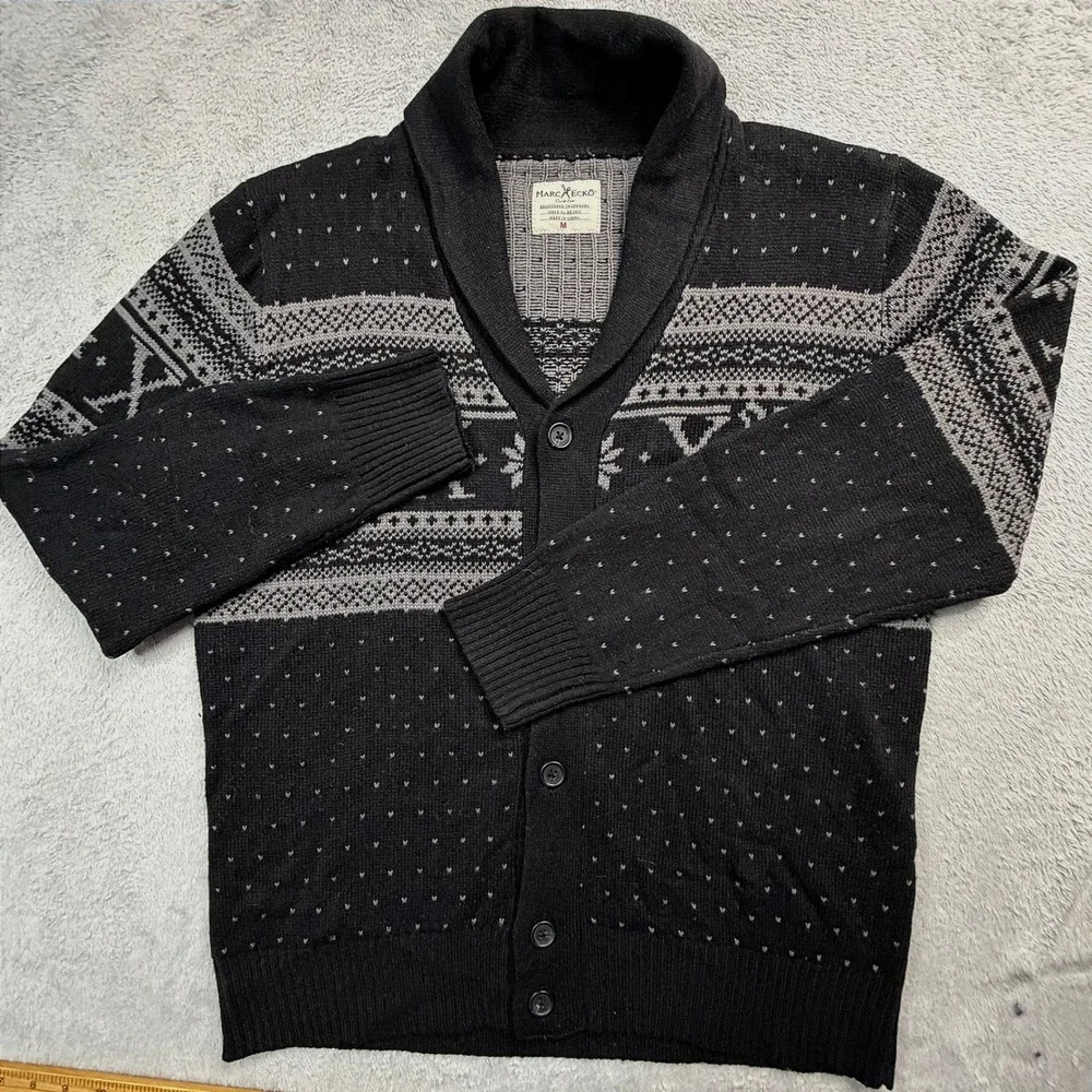 Marc Ecko Cut & Sew Mens Shawl Collar Cardigan Black Grey Fair Isle Sweater Med